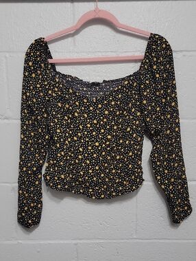 Reformation Black Smocked Peasant Top with Yellow Daisy Print